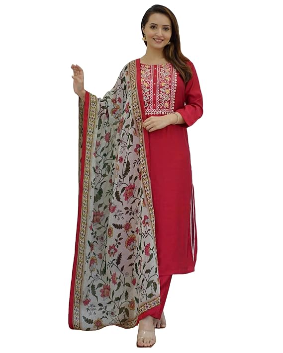 ANNI DESIGNER Women Kurta with Pant & Dupatta- Red