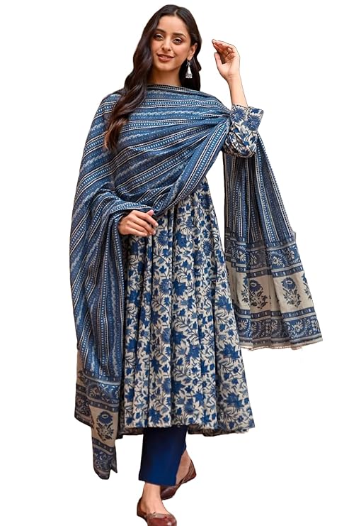 Alvami Women Printed Anakali Kurta and Pant set With Dupatta