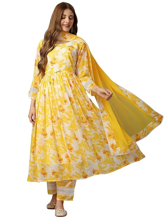 Amayra Women's Floral Printed Anarkali Kurta with Pant and Dupatta SetAmayra Women's Floral Printed Anarkali Kurta with Pant and Dupatta Set