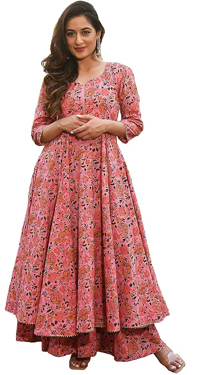 Arayna Women's Cotton Printed Anarkali Kurti with Palazzo Pants Set, Floral