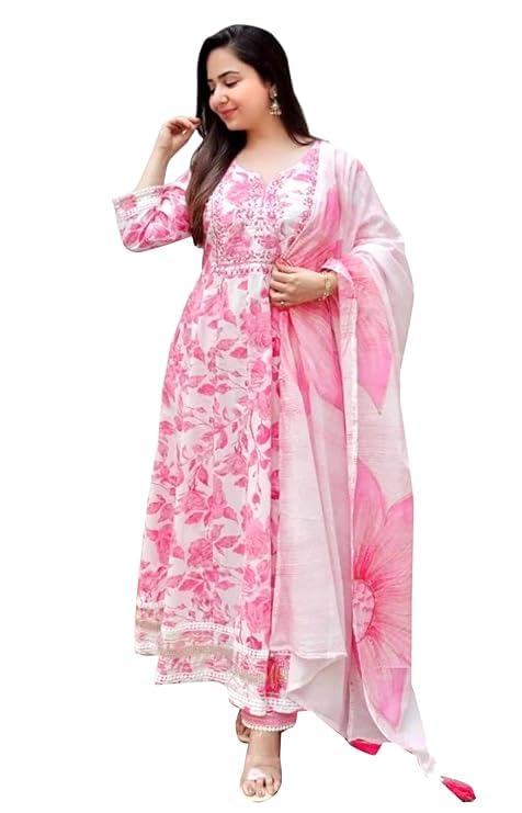 BADRIKA Women Rayon Anarkali Embroidered Printed Kurta Pant and Dupatta Set Pink