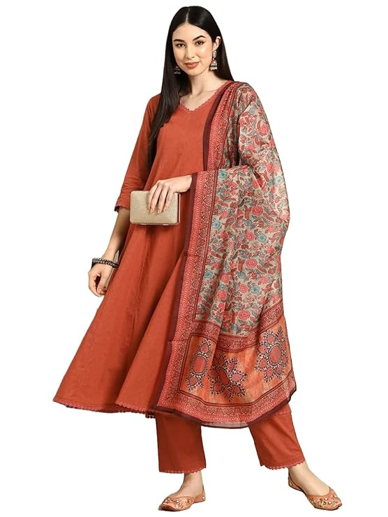 GoSriKi Women's Cotton Blend Anarkali Printed Kurta with Pant & Dupatta (UTSAV Peach-GS_XXL_Peach_XX-Large)