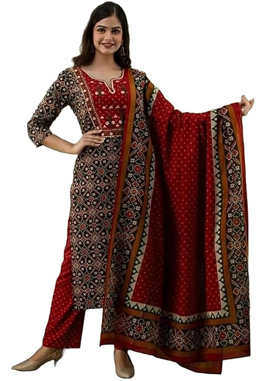 IKLO Women's Handblock Printed Cotton Multicolor Kurta suit With Dupatta & Pant Set For Girls (Embroidery Yolk Multi)