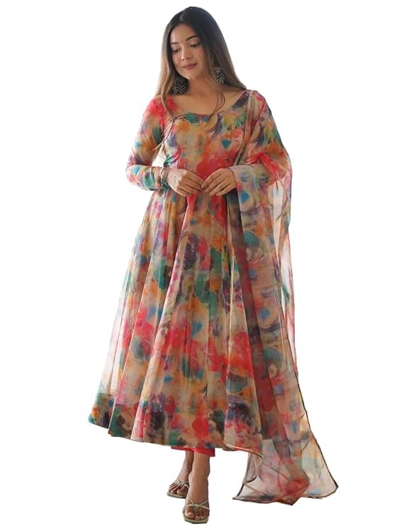 KD Women's Organza Anarkali Floral Printed Kurta Pent Set With Dupatta Set Anarkali Kurti for Women| 100% Georgette