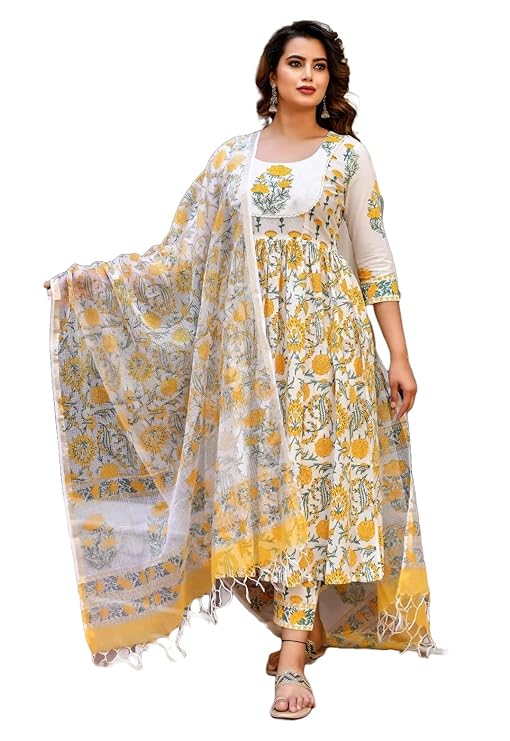 KLOSIA Women Block Printed Anarkali Kurta and Pant Set With Dupatta