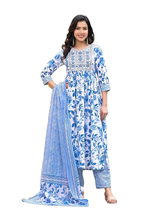 KLOSIA Women Embroidery Floral Printed Anarkali Kurta and Pant Set With Dupatta Kurta Set Ethnic Set Dupatta Set Wedding Suit Suit Set