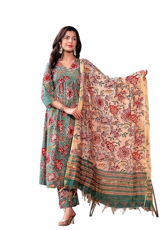 KLOSIA Women Viscose Floral Printed Anarkali Kurta and Pant Set with Dupatta | Kurta Set | Ethnic Set | Dupatta Set