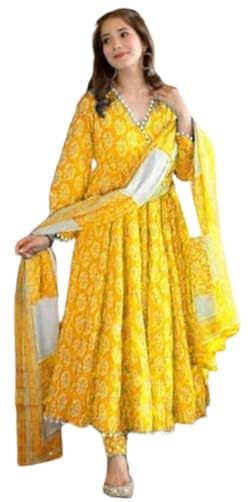 Kezlin Fashion Women's Printed Cotton blend Anarkali Style Mulmul dupatta Kurta Pant Set