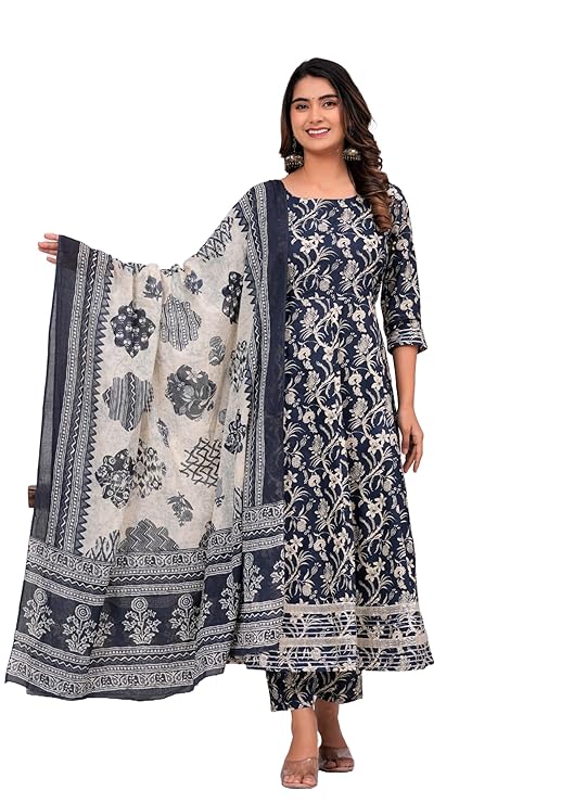 MEERA FAB Women's Cotton Printed Anarkali Kurta With Palazzo & Dupatta Set With Dori