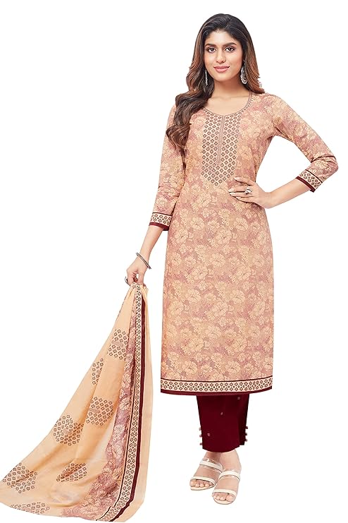 Miraan Unstitched Cotton Salwar Suit printed material For Women (BAND2320_Beige_Free Size)