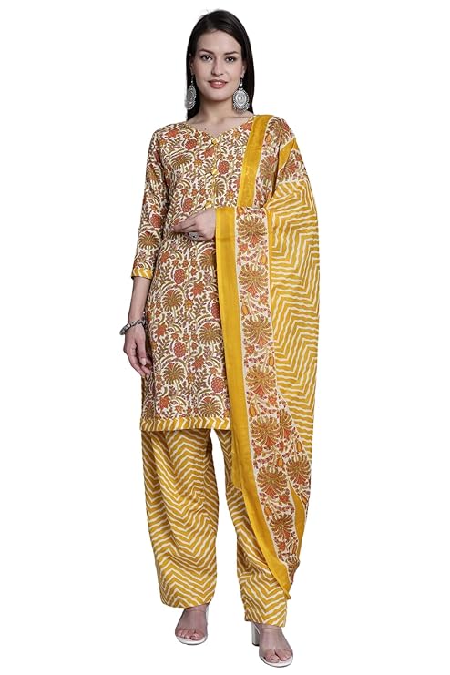 Monira Yellow & Orange Cotton Printed Readymade Patiala Salwar Suit for Women (RW4276)