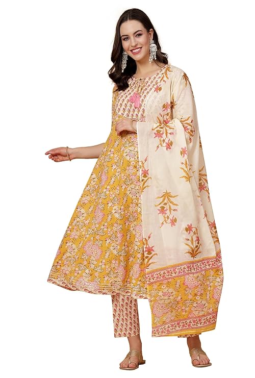 MEERA FAB Women's Cotton Printed Pink Anarkali Kurta With Palazzo & Dupatta Set