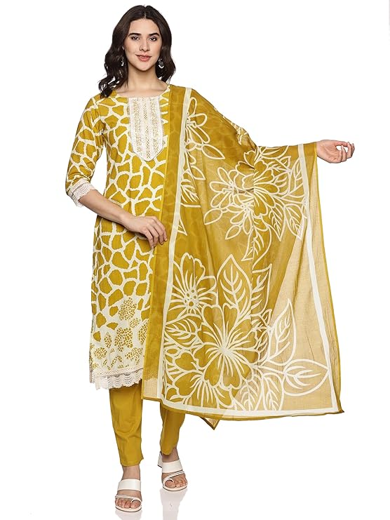 RAJMANDIRFABRICS Women's Cotton Embellished Printed Straight Kurta Pant With Dupatta Set