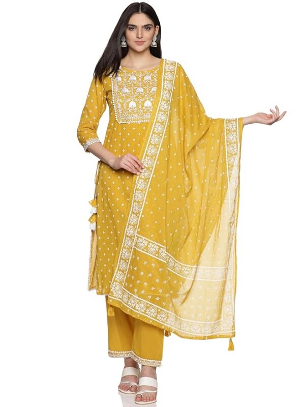 RAJMANDIRFABRICS Women's Cotton Embroidered Straight Kurta Pant With Dupatta Set