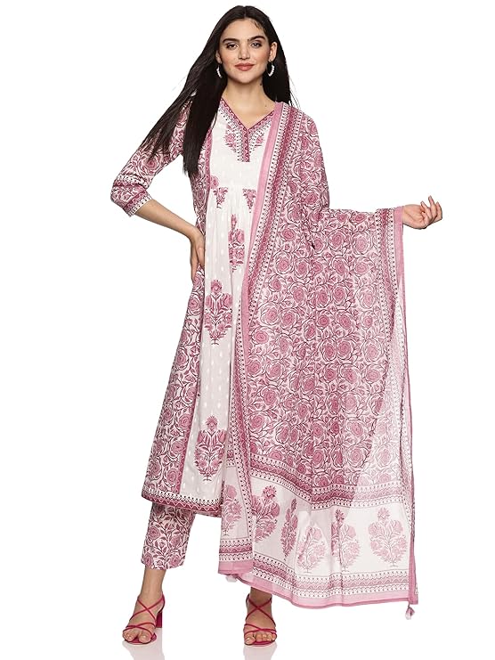 RAJMANDIRFABRICS Women's Cotton Hand Work & Floral Printed Anarkali Salwar Suit Set