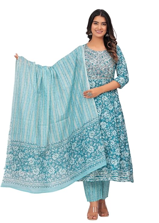 Rangnavi Women's Cotton Printed Anarkali Kurta with Palazzo Pants and Dupatta Set