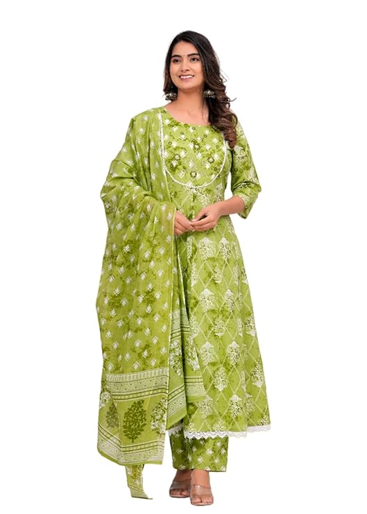 Rangnavi Women's Floral Print Cotton Anarkali Embroidered Kurta with Palazzo and Dupatta