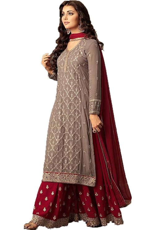 SHAFNUFAB® Women's Georgette Semi Stitched Anarkali Salwar Suit (Wedding Dress and Salwar Suit_SF20148 Free Size) (Red)