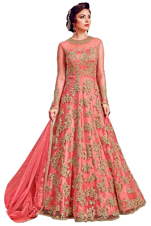 SHAFNUFAB® Women's Net Semi Stitched Anarkali Salwar Suit (wedding dress and salwar suit_SF20131 Pink Free Size)