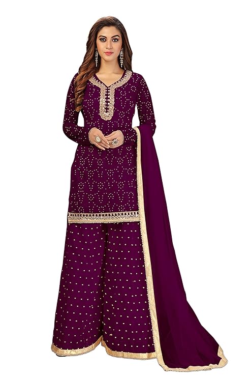 TRENDMALLS Women's Cotton Embroidery Salwar Suit Set Kurta Sharara with Dupatta Kurta Palazzo Set Stitched Ready To Wear