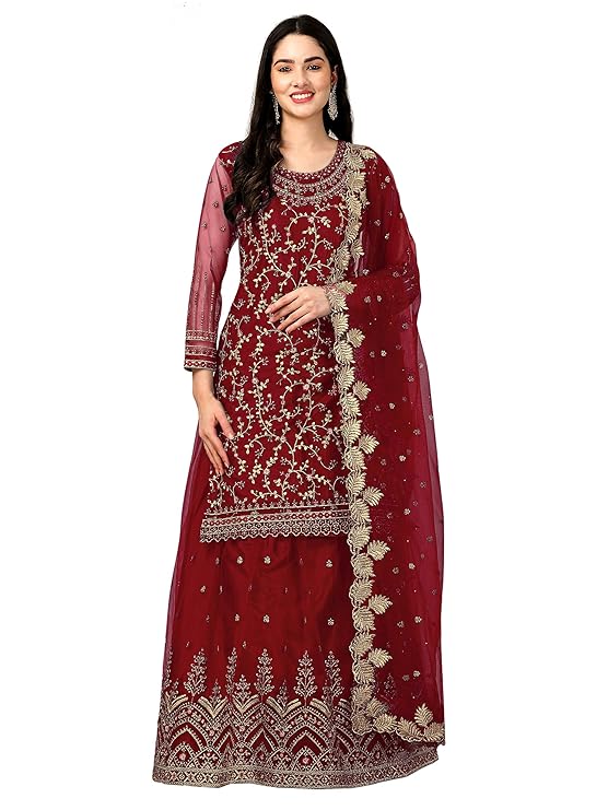 TRENDMALLS Women's Net Embroidery Salwar Suit Set Kurta Lehenga with Dupatta Kurta Set for Women