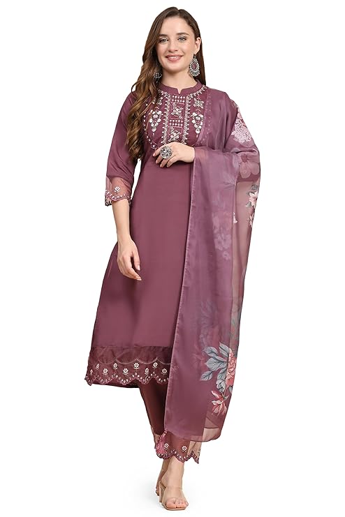 TRENDMALLS Women's Satin Silk Embroidery Salwar Suit Set Kurta Pant with Dupatta