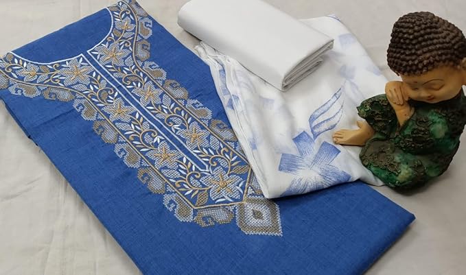 women Navy blue colour denim cotton dress materials salwar kameez dupatta,unstitched suit,Neck decorated with kashmiri embroidery.white salwar and dupatta chiffon brush print free size 3 piece suit